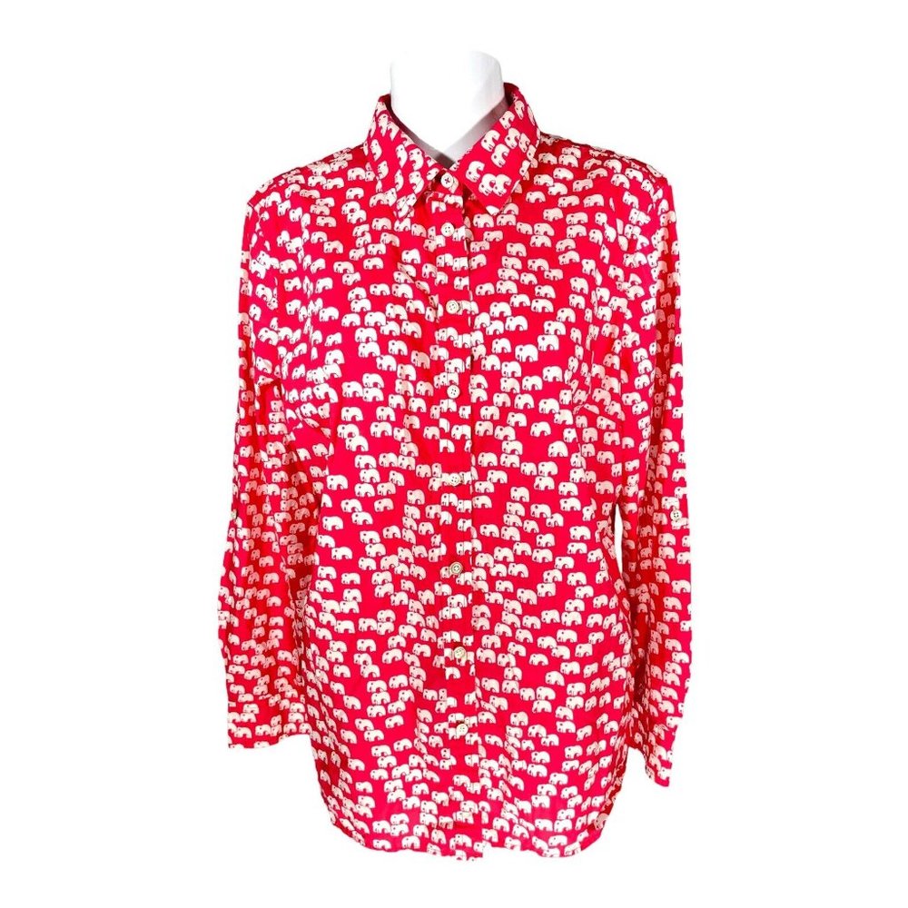 Talbots Petites Coral Pink White Elephant Long Sleeve Cotton Button Shirt LP